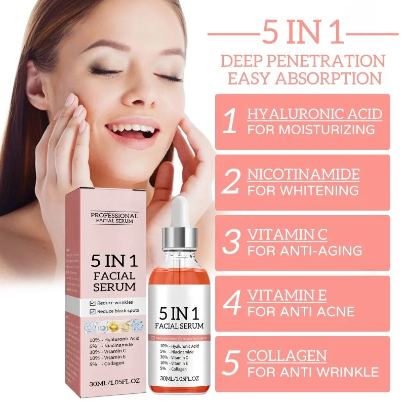 5 In 1 Face Serum Hyaluronic Acid Anti Wrinkle Aging Moisturizing Whitening  Vitamin C Fade Spots Shrink Pores Skin Care Produce