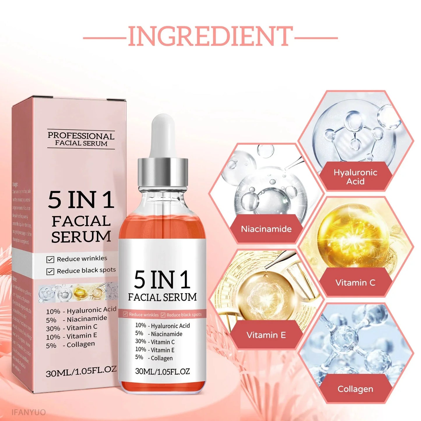 5 In 1 Face Serum Hyaluronic Acid Anti Wrinkle Aging Moisturizing Whitening  Vitamin C Fade Spots Shrink Pores Skin Care Produce